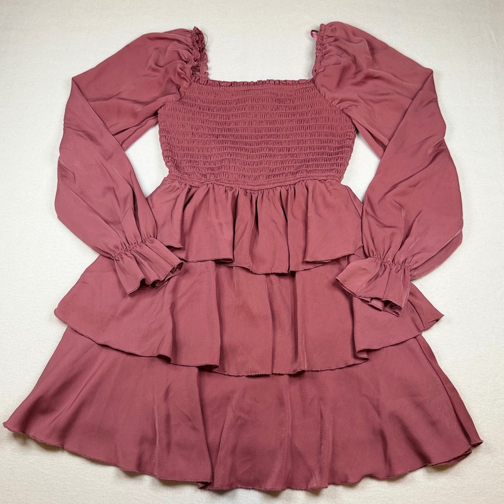 Lovesick Mauve Smocked Tiered Ruffle Mini Dress Long Sleeve 6DYFW286 S